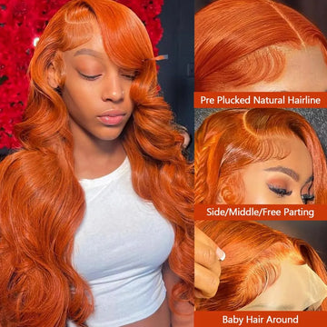 Lumihair Ginger Yellow 13x6 Lace Front Wig 30 Inch Long Body Wave Baby Hair Sun Orange Color For Stylish Looks Pre Plucked Natural Hairline Fashion Women's Wig Cute And Sexy Wig
