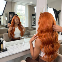 Lumihair Ginger Yellow 13x6 Lace Front Wig 30 Inch Long Body Wave Baby Hair Sun Orange Color For Stylish Looks Pre Plucked Natural Hairline Fashion Women's Wig Cute And Sexy Wig detail image 4
